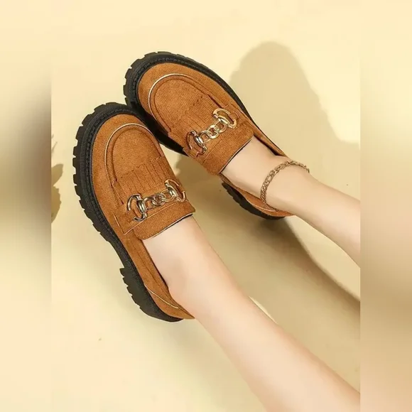 Women's Brown Chunky Platform Loafers with Chain Detail - Picture 1 of 8